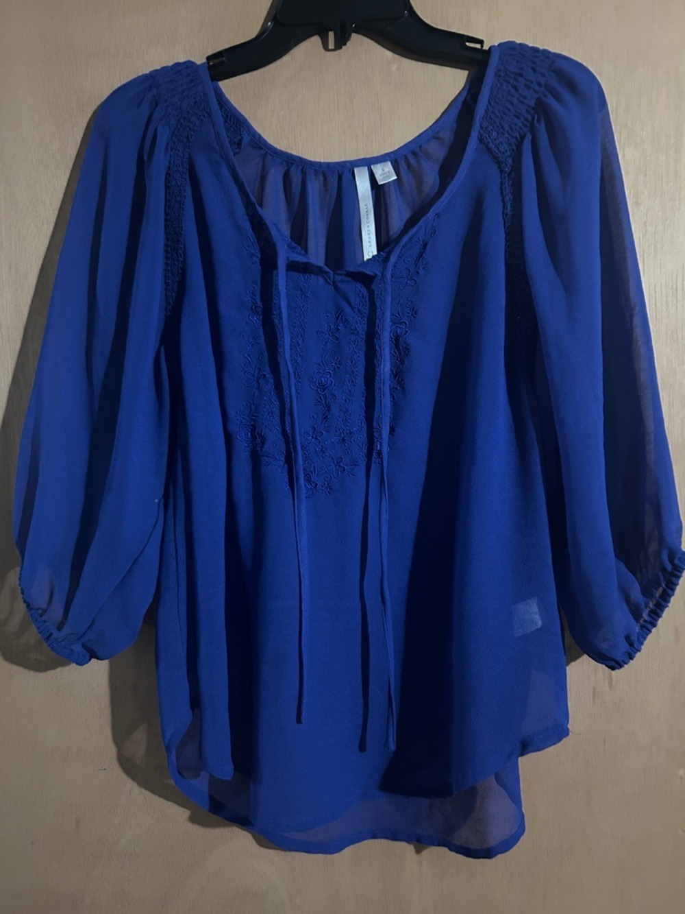 LC Lauren Conrad Women's Blue Peasant Blouse with Embroidered Front